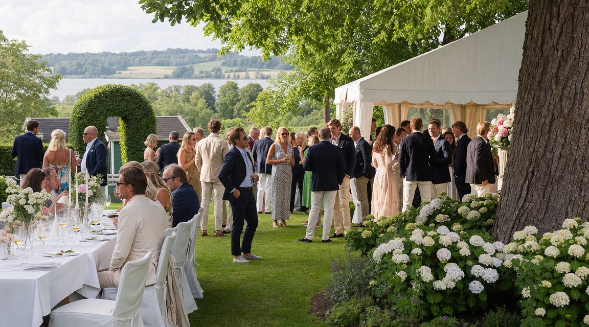 Gæster til en elegant sommerfest i en smuk have ved vandet med hvide telte og blomster.