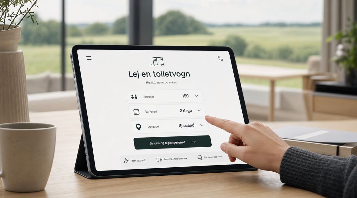 En person bruger en tablet til at bestille leje af toiletvogn til et arrangement på Sjælland online.