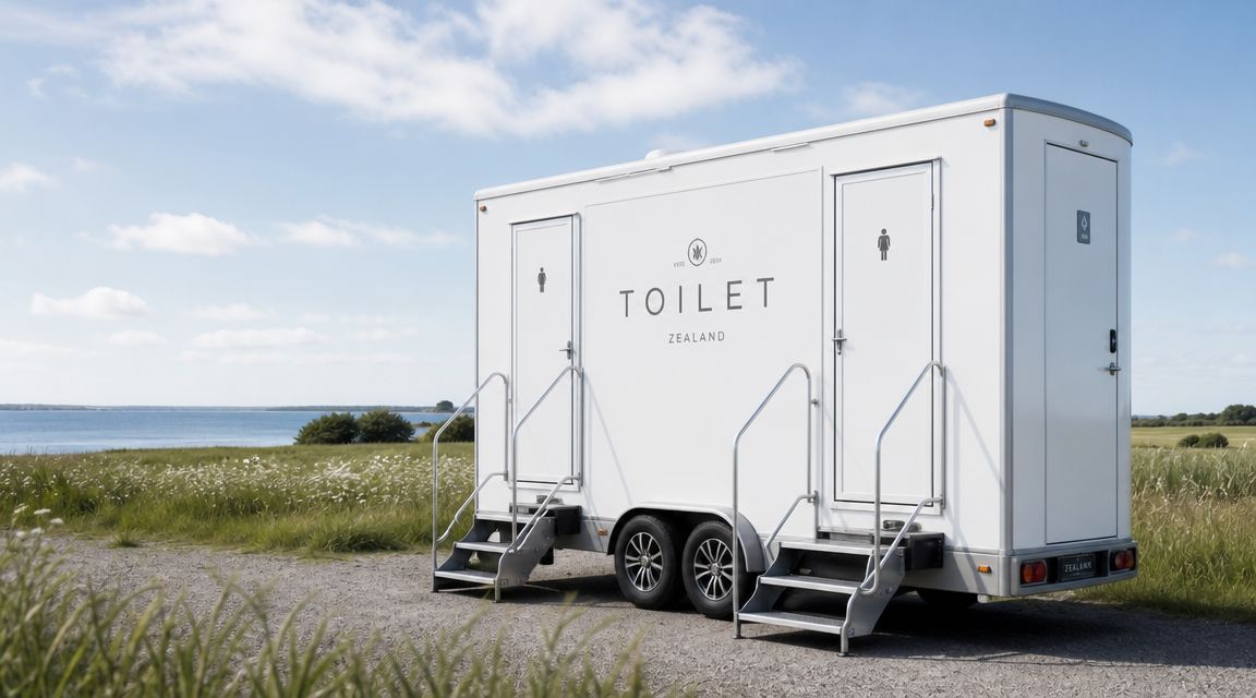 En hvid mobil toiletvogn placeret i et smukt landskab ved vandet til udlejning på hele Sjælland.