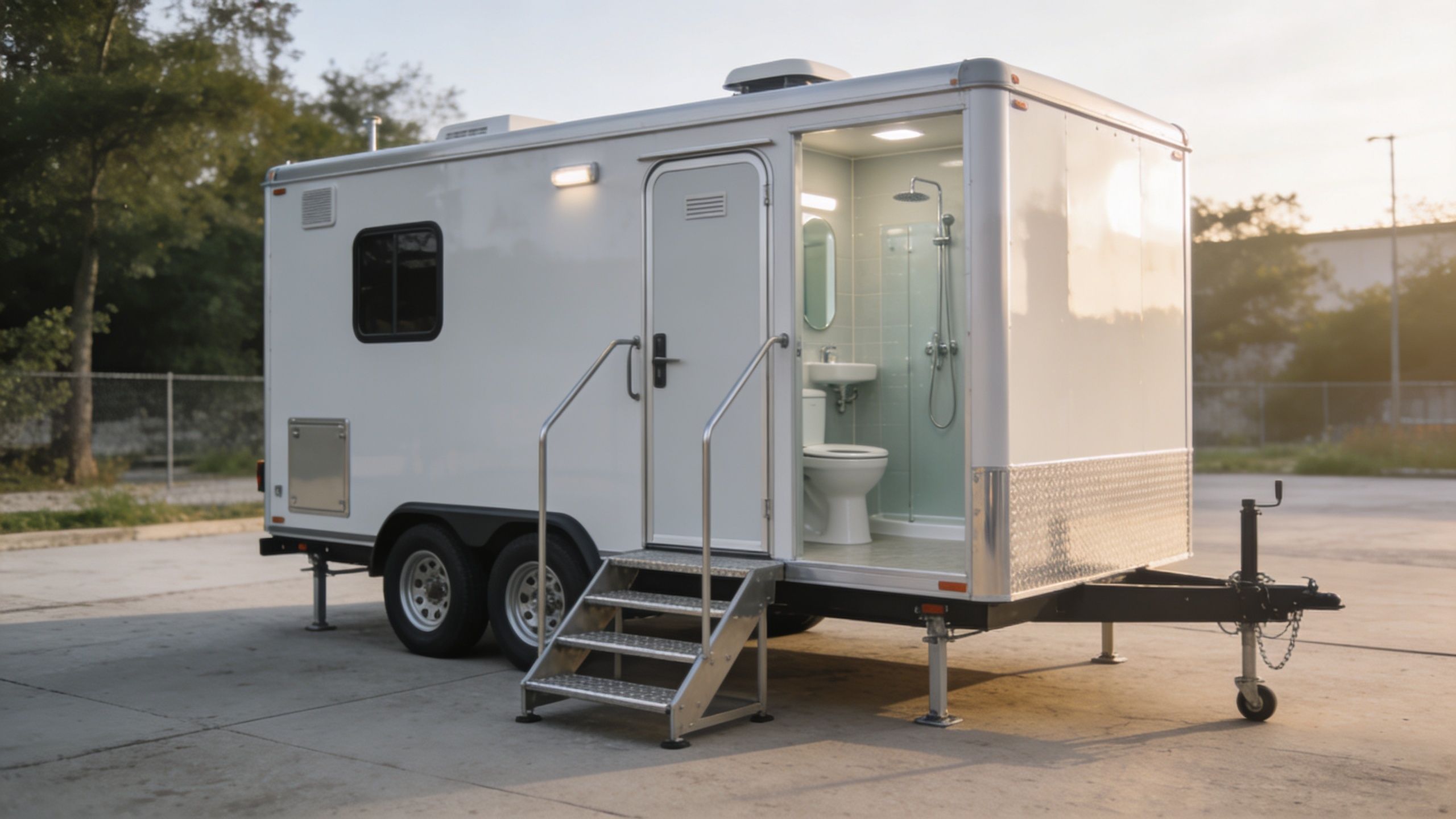 En moderne mobil toiletvogn med integreret bruser parkeret udendørs på en asfalteret plads under åben himmel.
