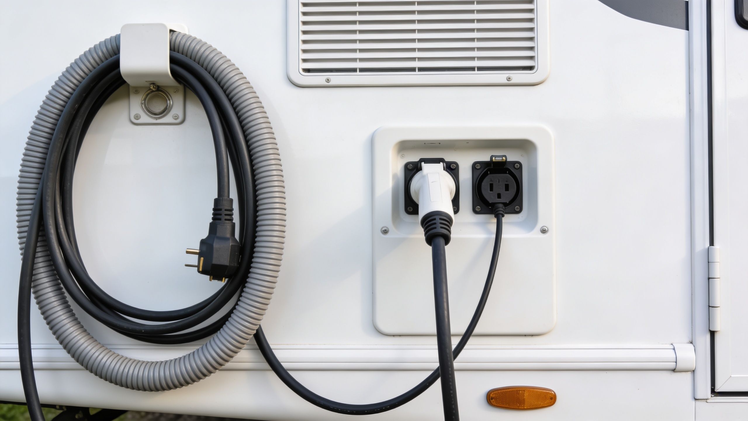 Strømforsyning og elektriske kabler tilsluttet på siden af en moderne campingvogn eller autocamper til udlejning.