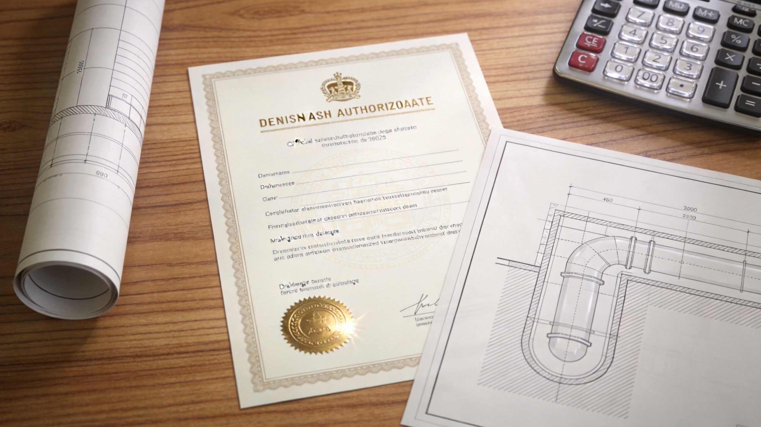 Et officielt kloakservicecertifikat ligger på et bord ved siden af tekniske plantegninger og en lommeregner.