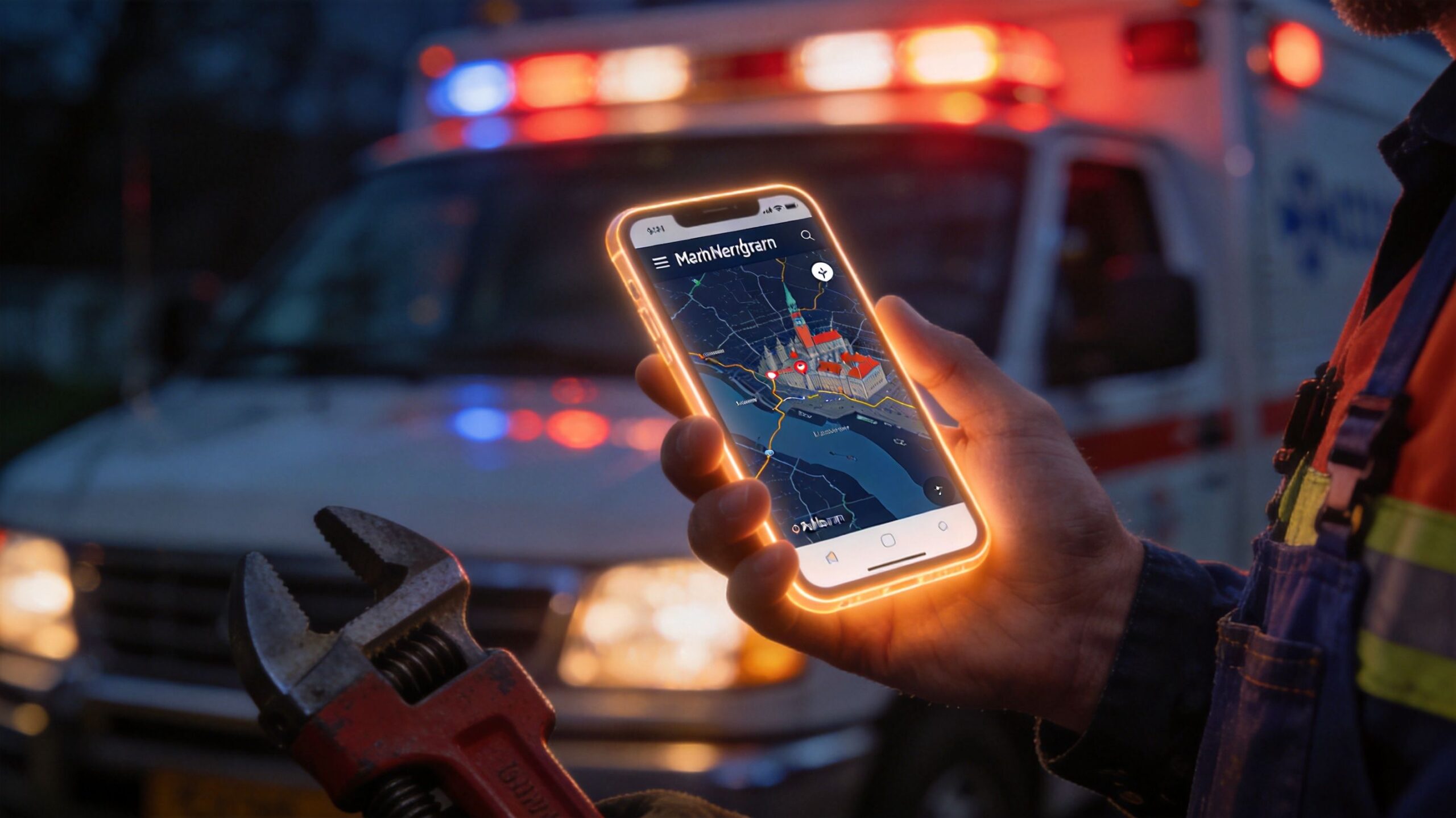 En reparatør holder en smartphone med et kort over byen foran en ambulance med blinkende lys.