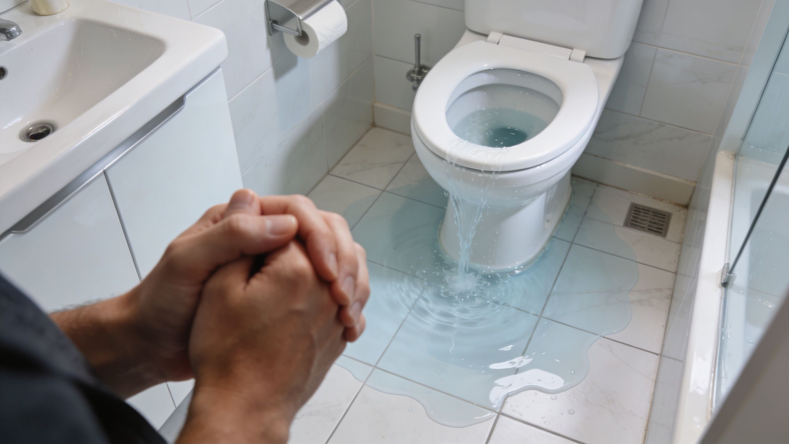 En frustreret person ser på et overløbende toilet med vand på badeværelsets flisegulv efter en tilstopning.