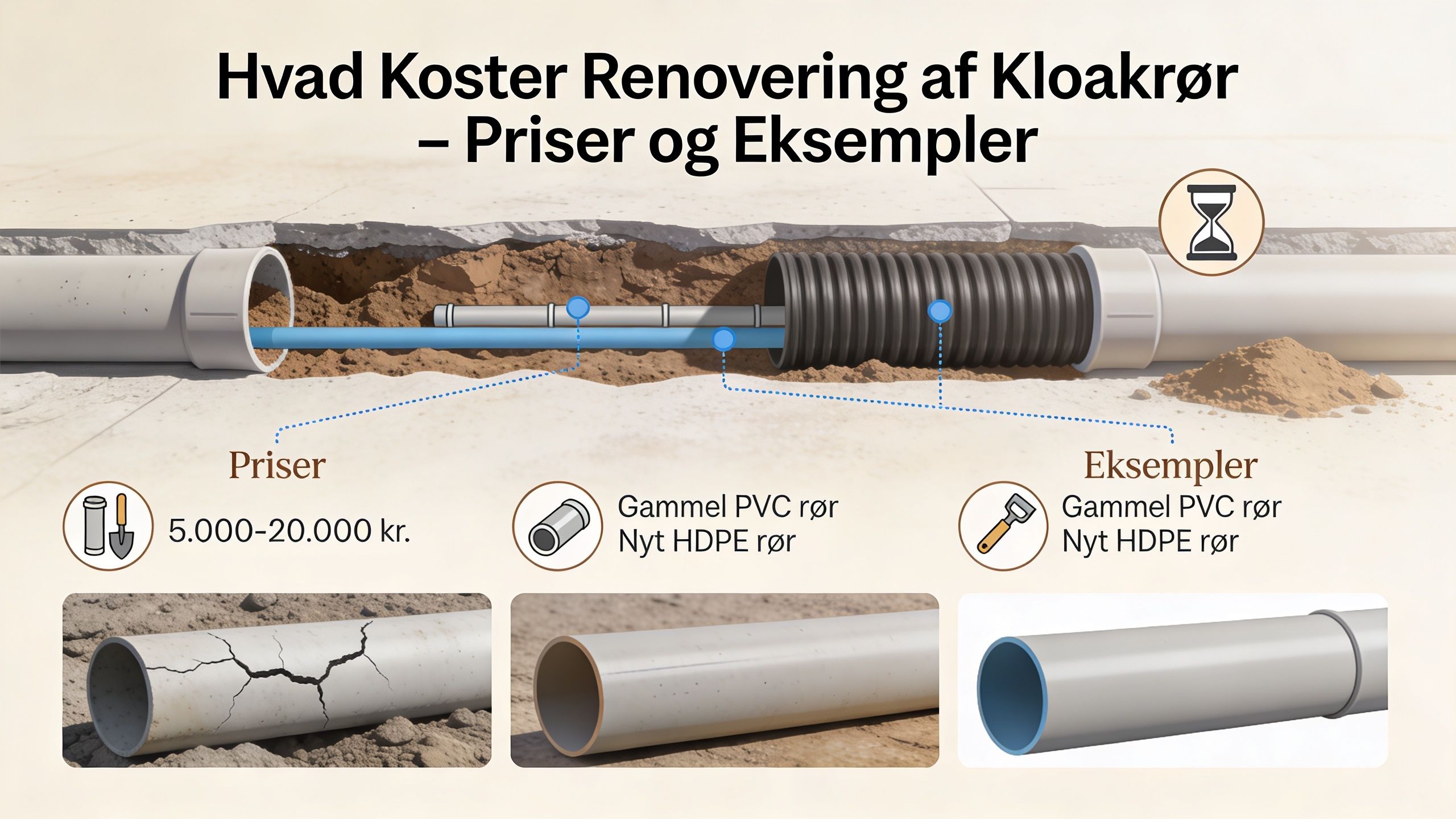 Illustration der viser renovering af kloakrør ved brug af strømpeforing, herunder prisestimater og før-og-efter eksempler.