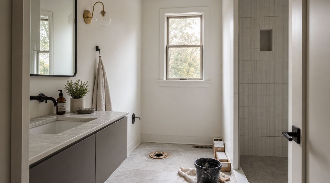 Et moderne badeværelse under renovering med et synligt kloakrør i gulvet klar til montering af toilet.