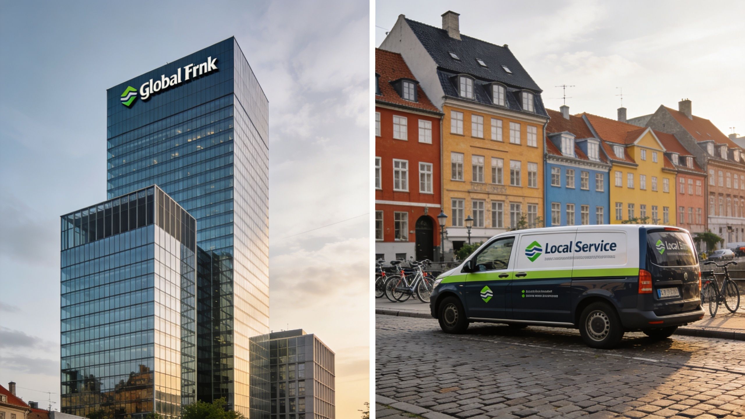 En moderne kontorbygning med Global Frnk logo ved siden af en Local Service varevogn på brostensbelagt gade.