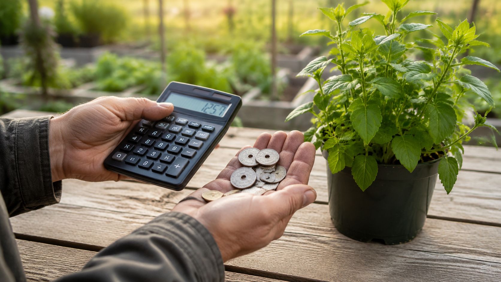 En person sidder i en kolonihave og holder en lommeregner samt mønter ved siden af en potteplante.