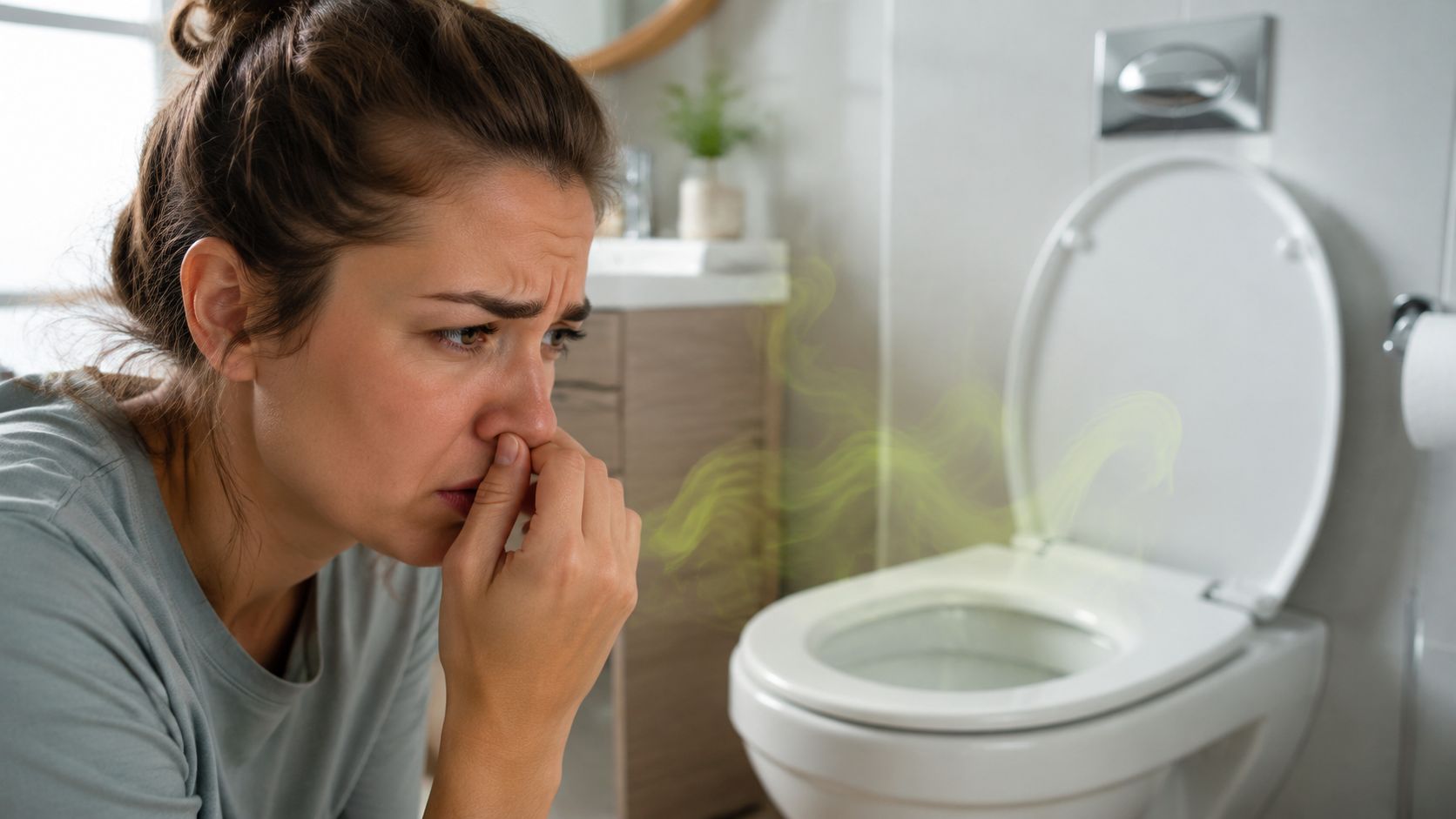 En kvinde i et badeværelse holder sig for næsen på grund af en ubehagelig lugt fra toilettet.