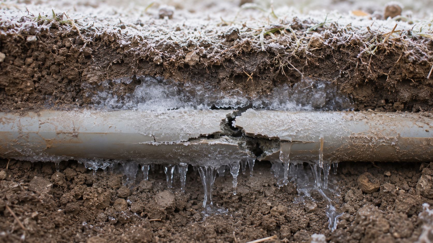 Et brudt plastikrør i jorden omgivet af is, der illustrerer en frostskade på en vandledning i vintervejret.