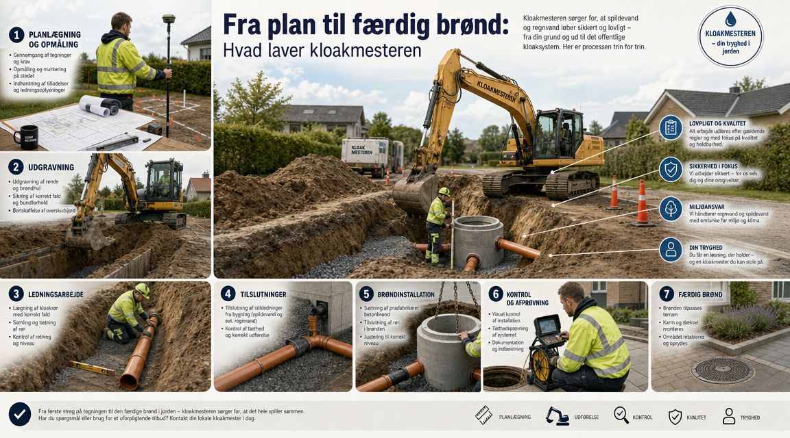 En infografik der viser processen fra planlægning til færdig brønd installeret af en professionel kloakmester.