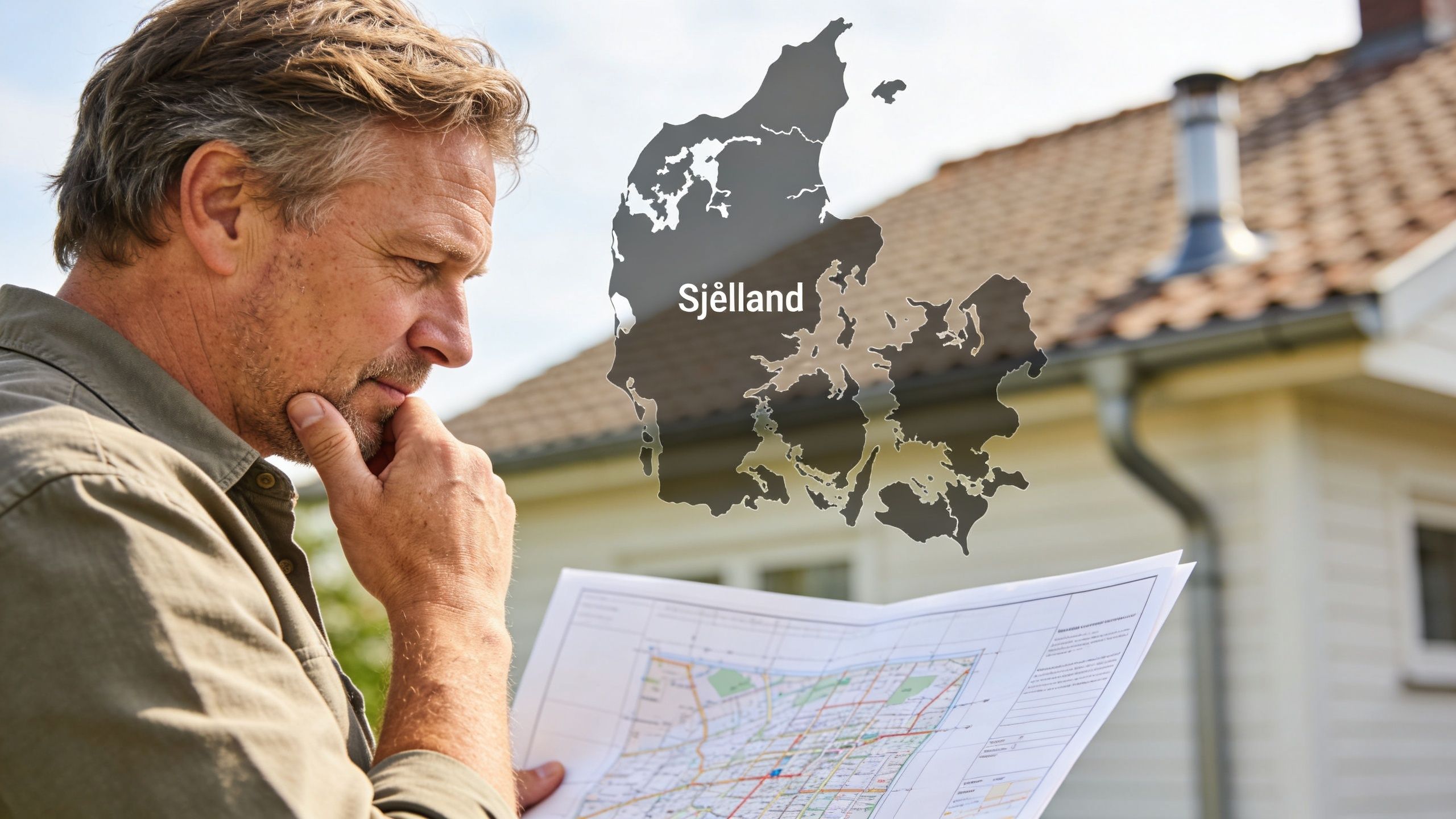En eftertænksom mand kigger på en plantegning foran et hus med et kort over Sjælland i baggrunden.