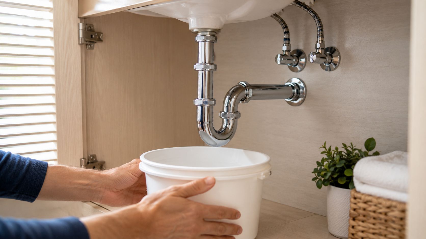 En person holder en spand under en vask for at opsamle vand, mens rørene efterses.