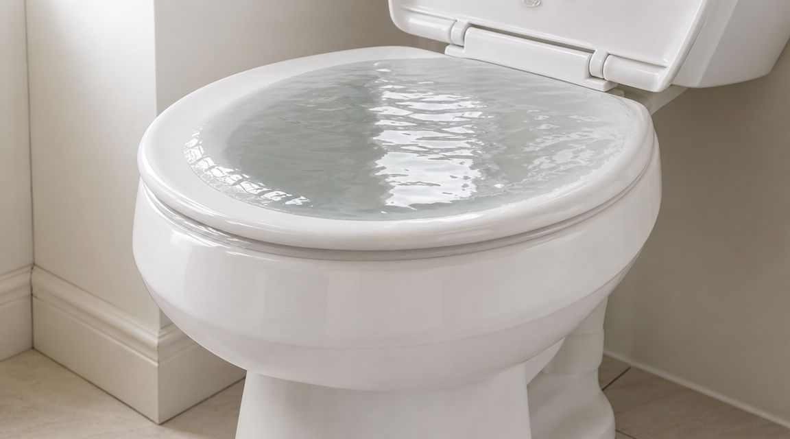 Et hvidt toilet med en toiletbræt, der er dækket af vand, hvilket indikerer et alvorligt stoppet afløb.