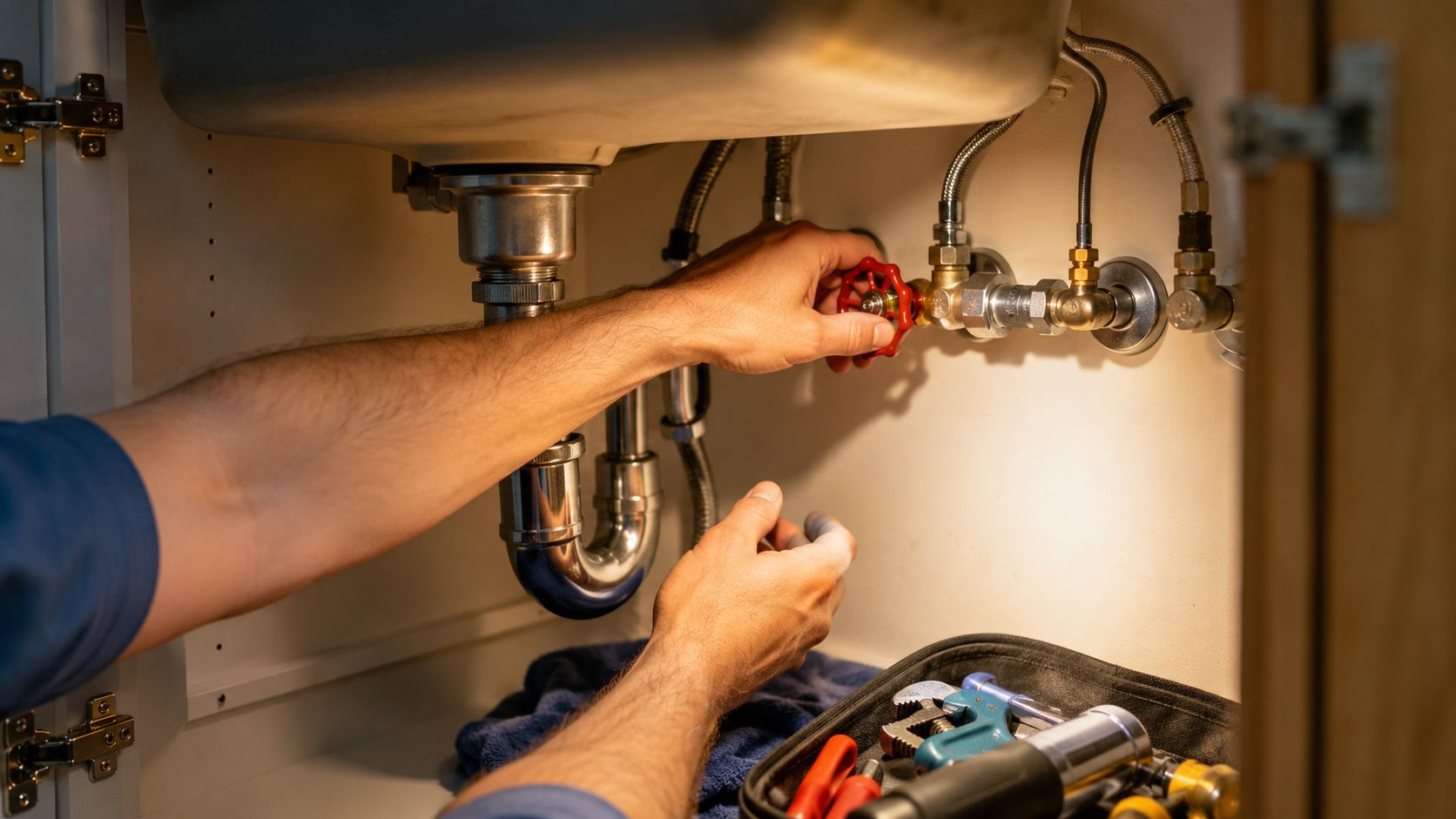 En VVS-installatør arbejder under en køkkenvask med værktøj og rør for at udføre en hurtig reparation.