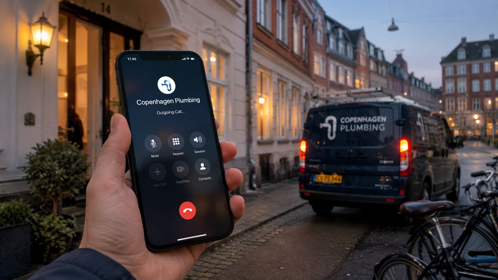 En person ringer til København VVS på sin smartphone for at få hjælp til en VVS-opgave i byen.