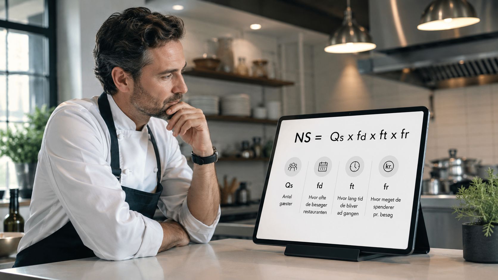 En kok kigger på en tablet med en matematisk formel for beregning af restaurantens omsætning og gæsteantal.