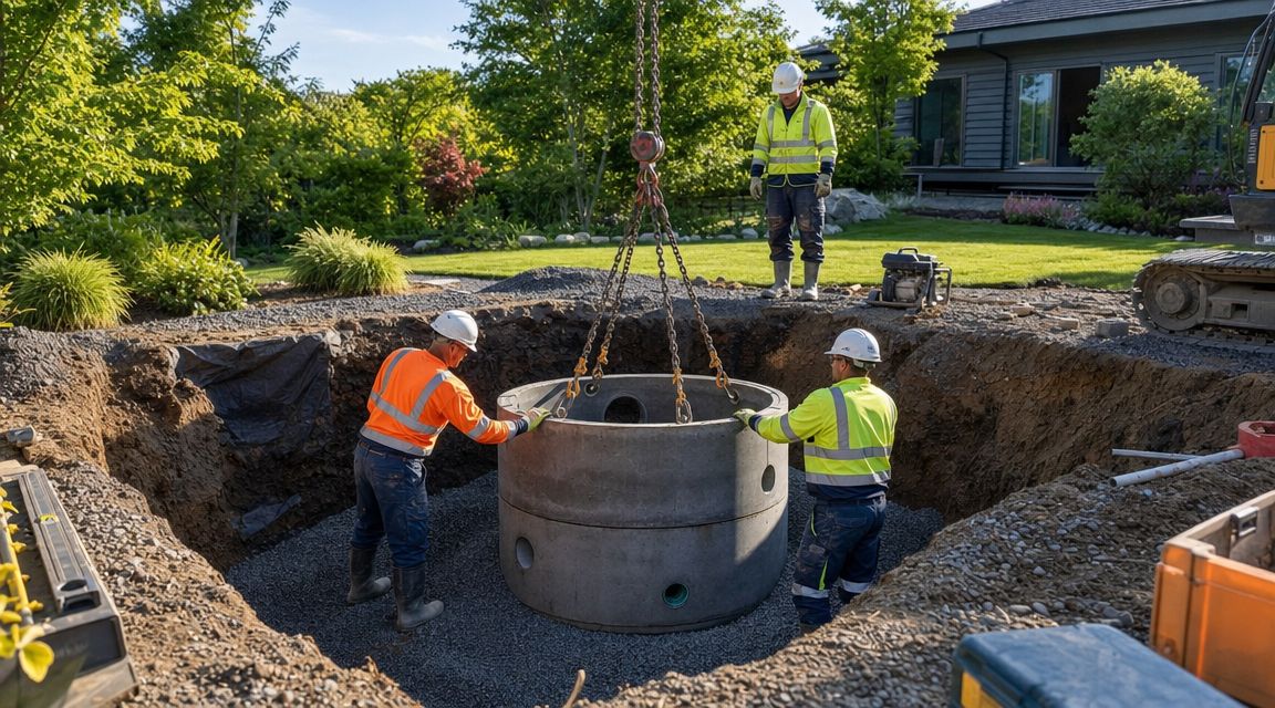 Tre byggearbejdere installerer en stor betonring i en udgravet grube ved hjælp af en kran.