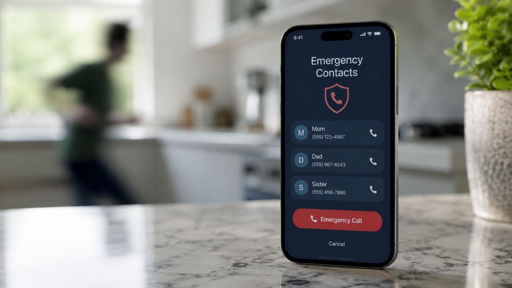 En smartphone der viser en nødopkaldsskærm med kontaktpersoner placeret på en køkkenbordplade i et hjem.