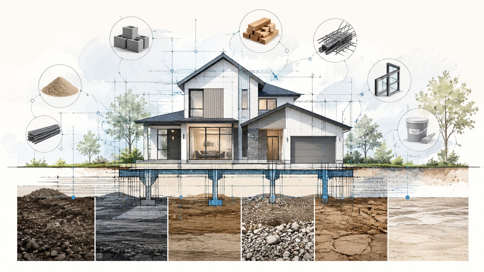 En illustration af et moderne husprojekt med byggematerialer og et tværsnit af forskellige jordlag under fundamentet.