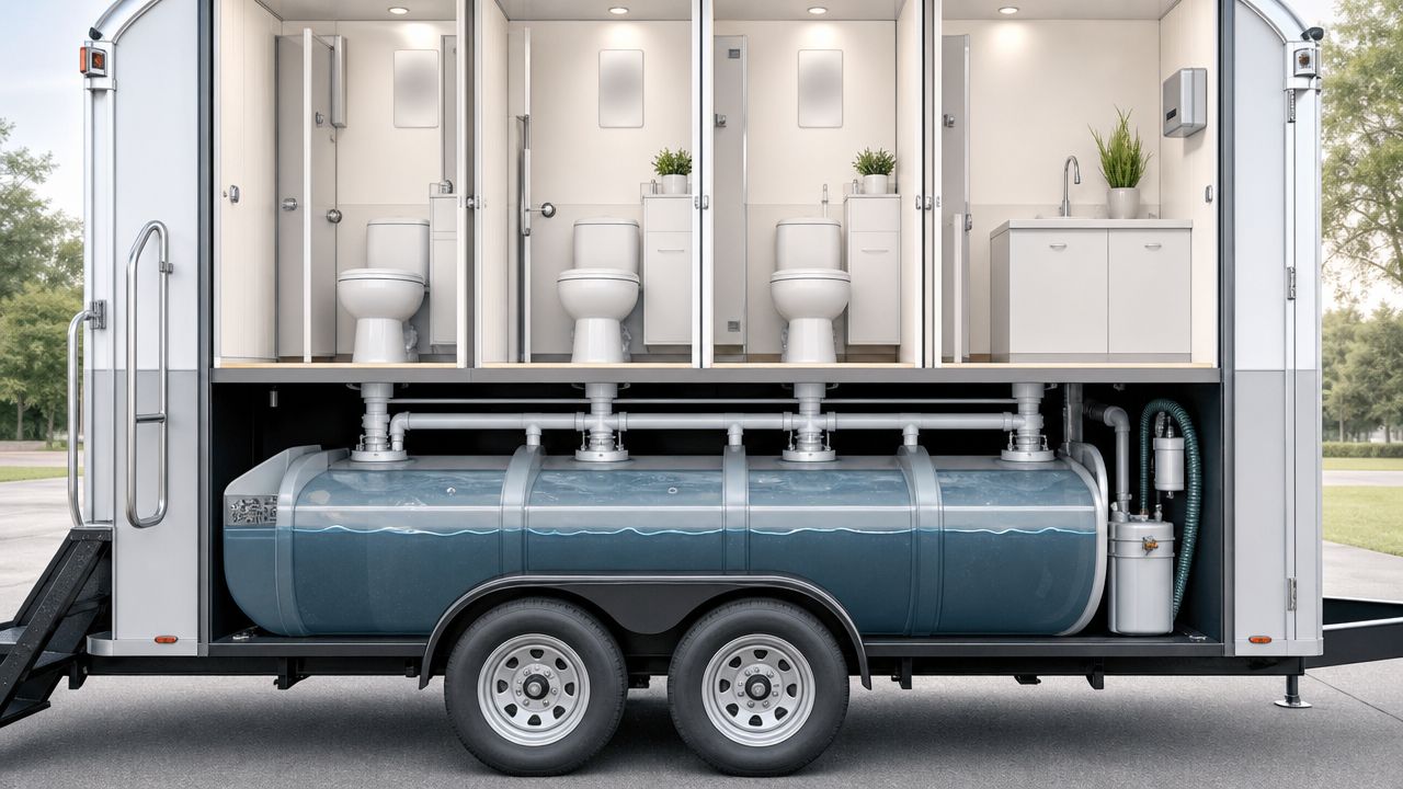 Et tværsnit af en moderne toiletvogn, der viser toiletter og et stort vandreservoir monteret på en trailer.