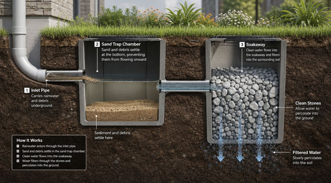 Illustration af et sandfang til faskine system, der viser hvordan regnvand renses for sand og snavs.