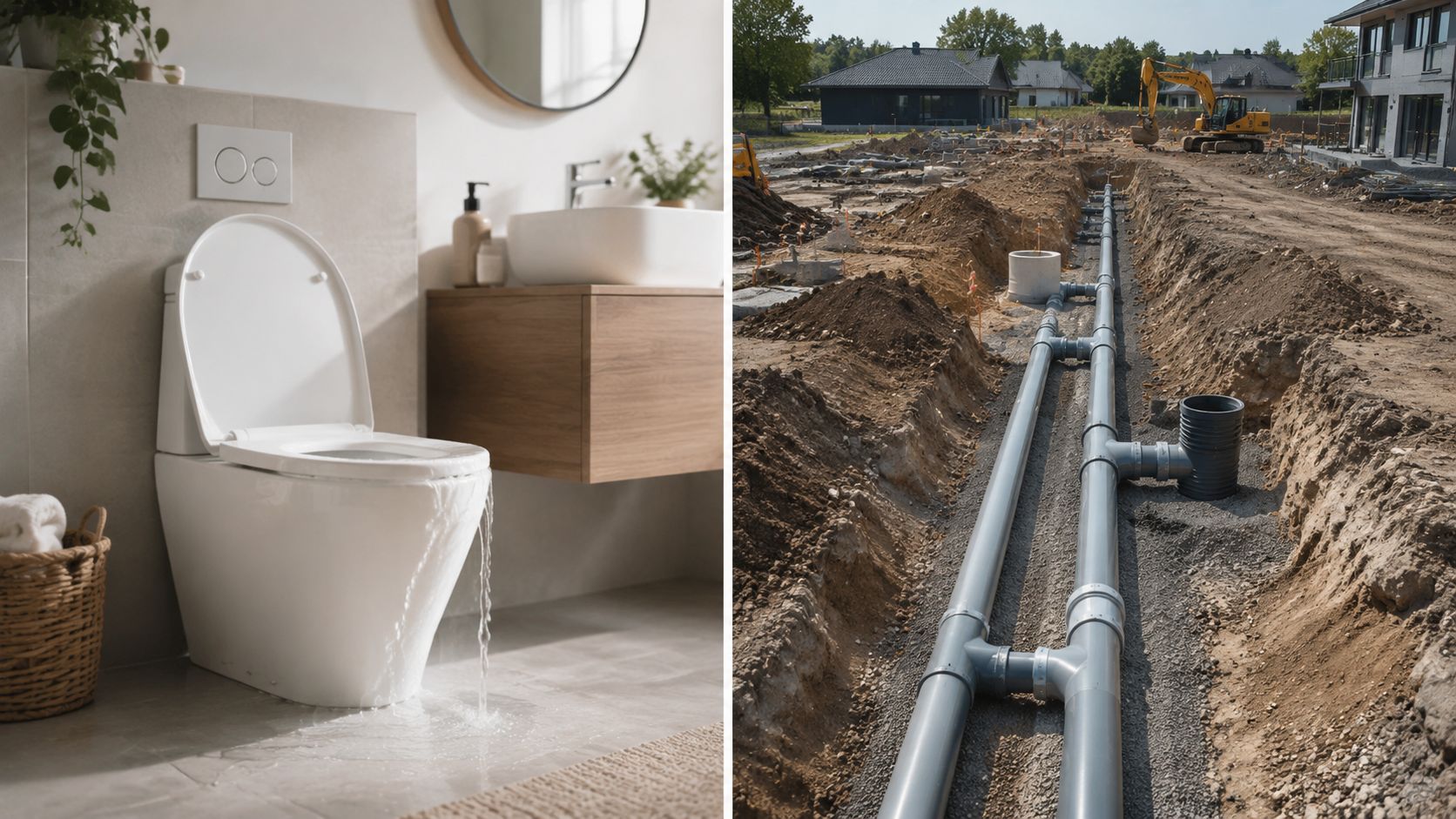 Et badeværelse med et utæt toilet ved siden af et billede af kloakarbejde med rørledninger i jorden.