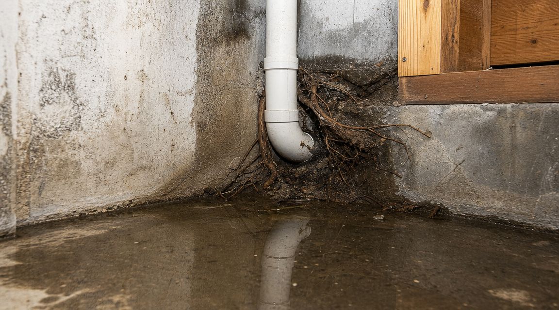 Vand i kælderen fra utæt kloakrør med trærødder, der trænger gennem fundamentet og skaber oversvømmelse.