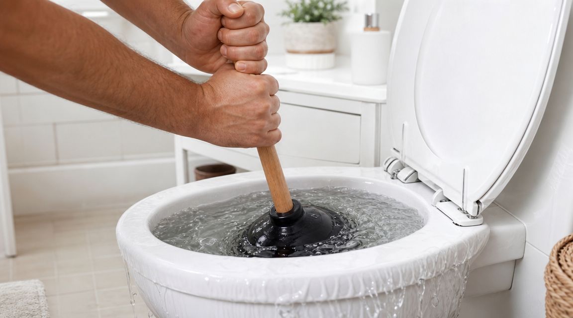 En person bruger en svupper til at rense et tilstoppet toilet, der er ved at løbe over.