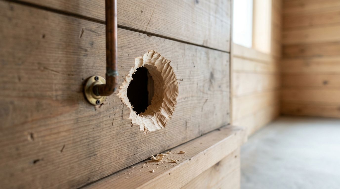 Et stort, ujævnt gnavet hul i en trævæg, som kan være et potentielt tegn på rotter i huset.