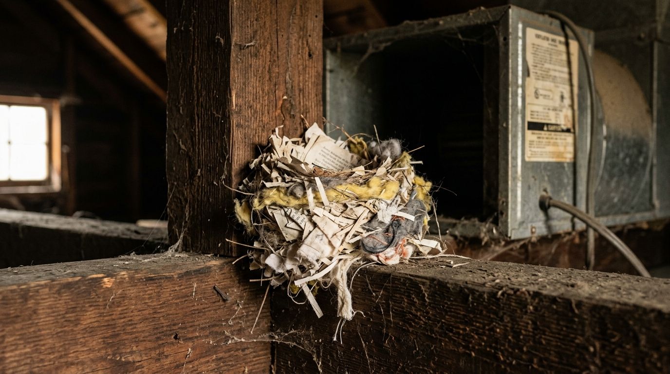 En rede lavet af papir og isoleringsmateriale bygget af et skadedyr på en træbjælke i et loft.