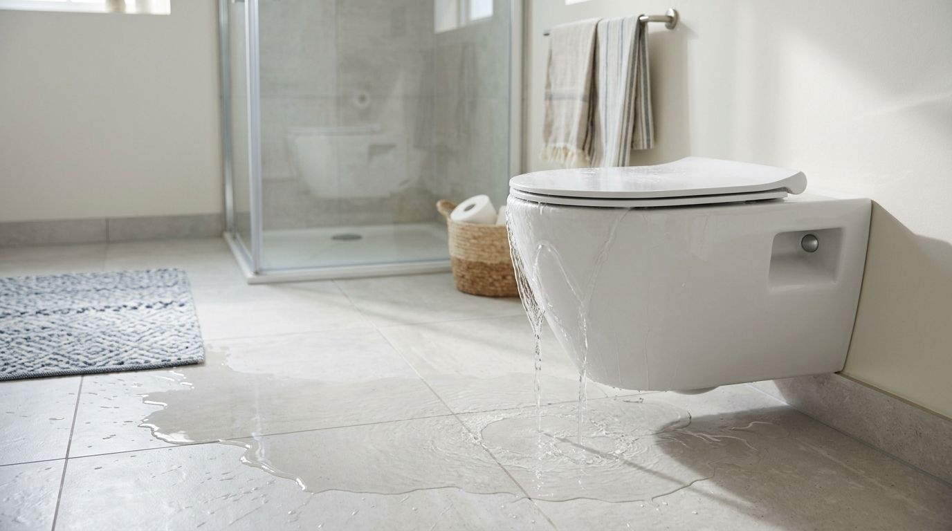 Et væghængt toilet, der løber over med vand og skaber en stor oversvømmelse på badeværelsets gulv.