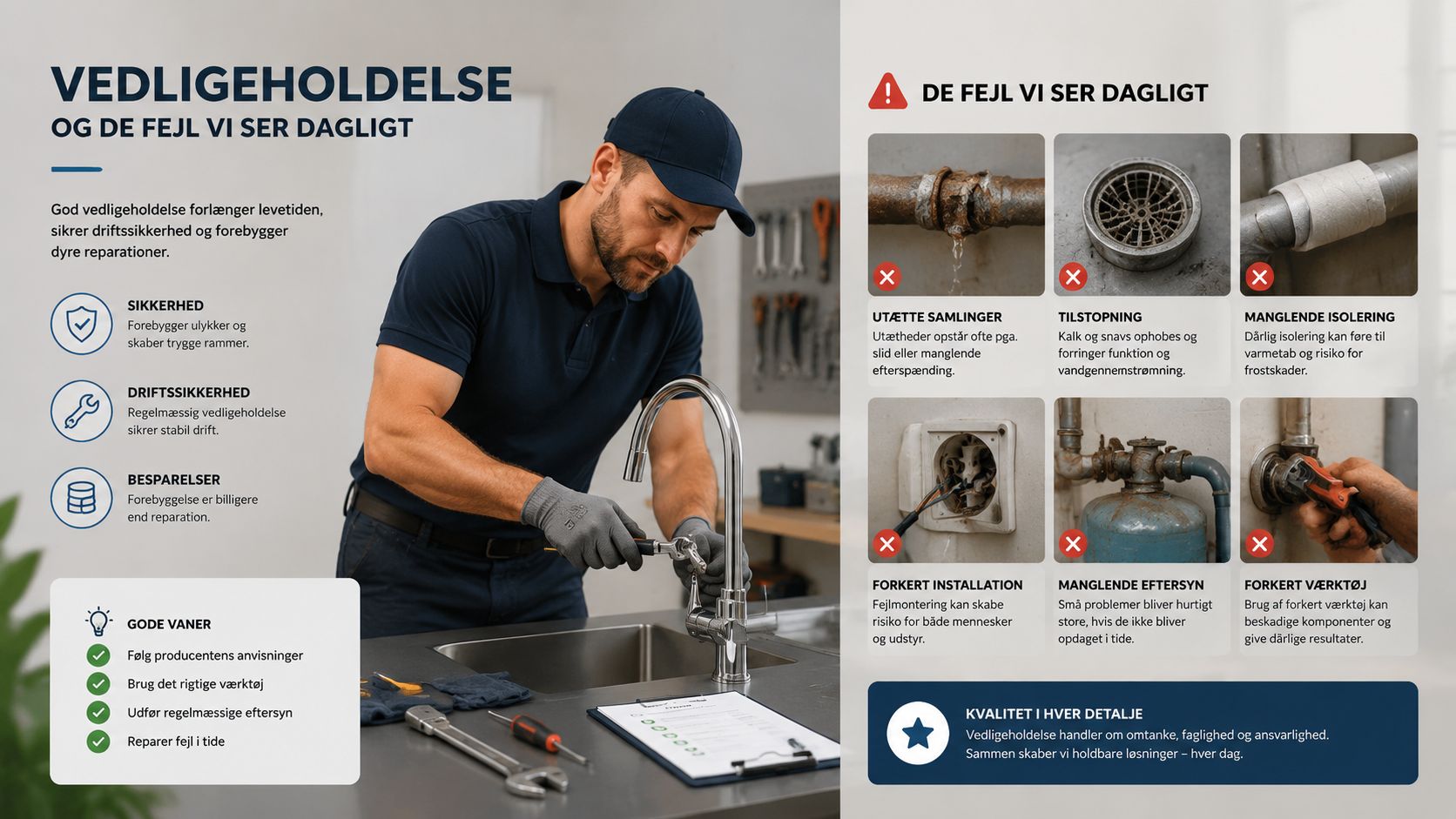En VVS-fagmand udfører vedligeholdelse af et vandarmatur for at forebygge fejl og sikre optimal drift.