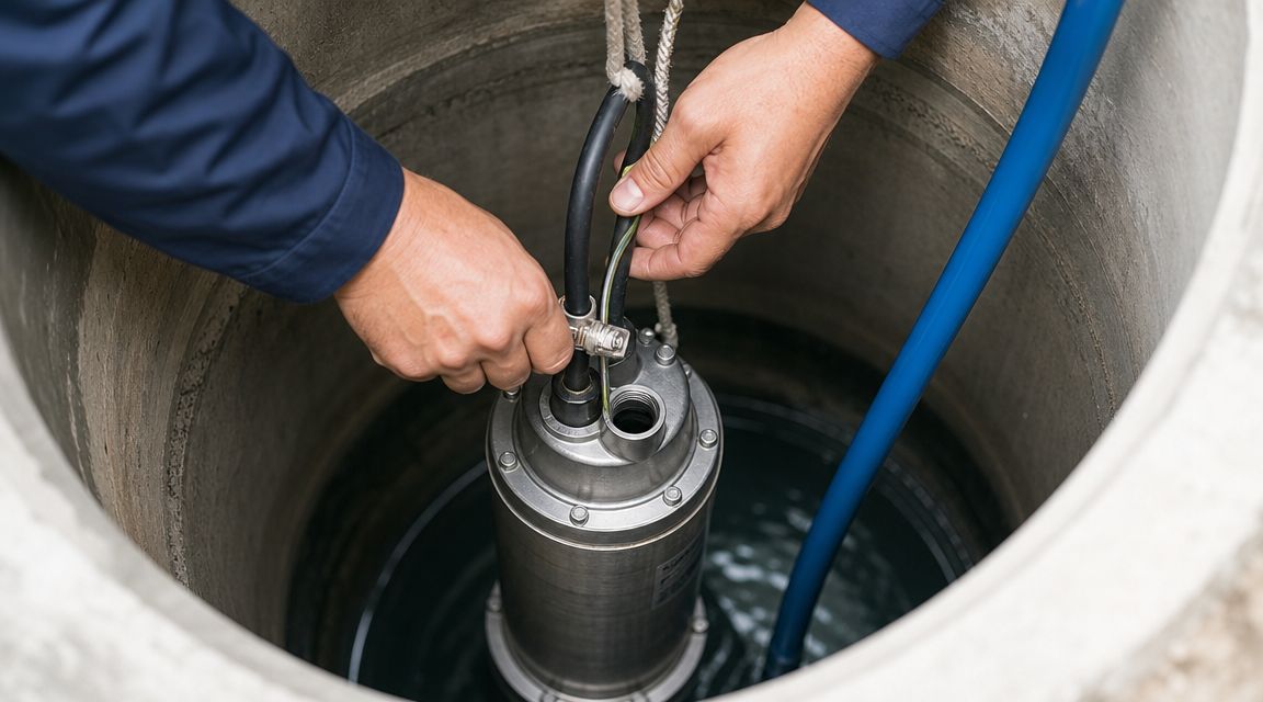 En tekniker installerer eller vedligeholder en dykpumpe i en betonbrønd for effektiv vandhåndtering og bortpumpning.