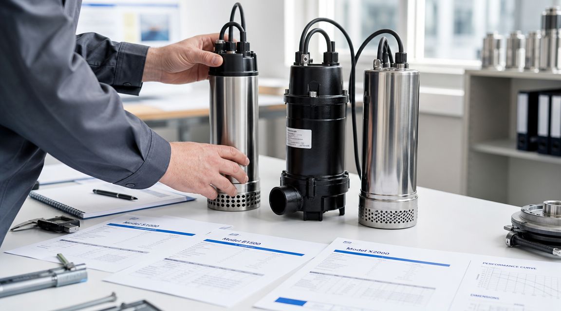 En tekniker inspicerer dykpumper ved et bord med tekniske specifikationer og måleudstyr til industrielle formål.
