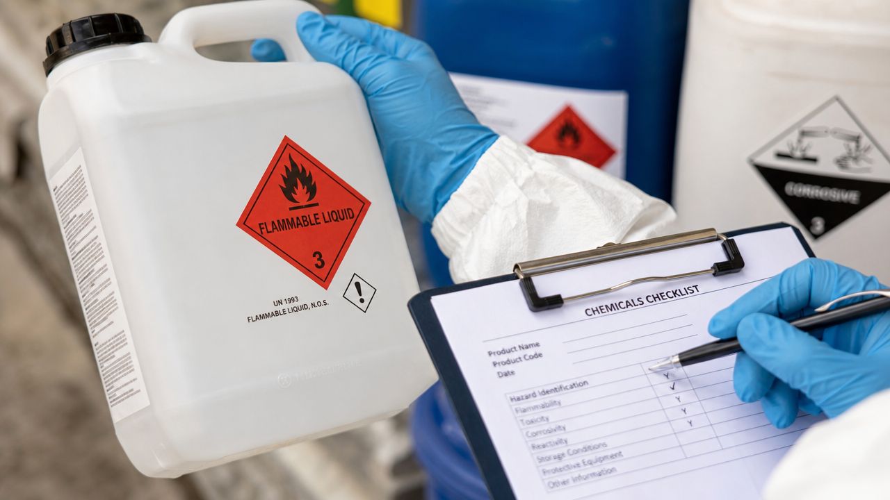 Person med beskyttelsesdragt og handsker tjekker en dunk med brandfarlig væske på en kemisk tjekliste