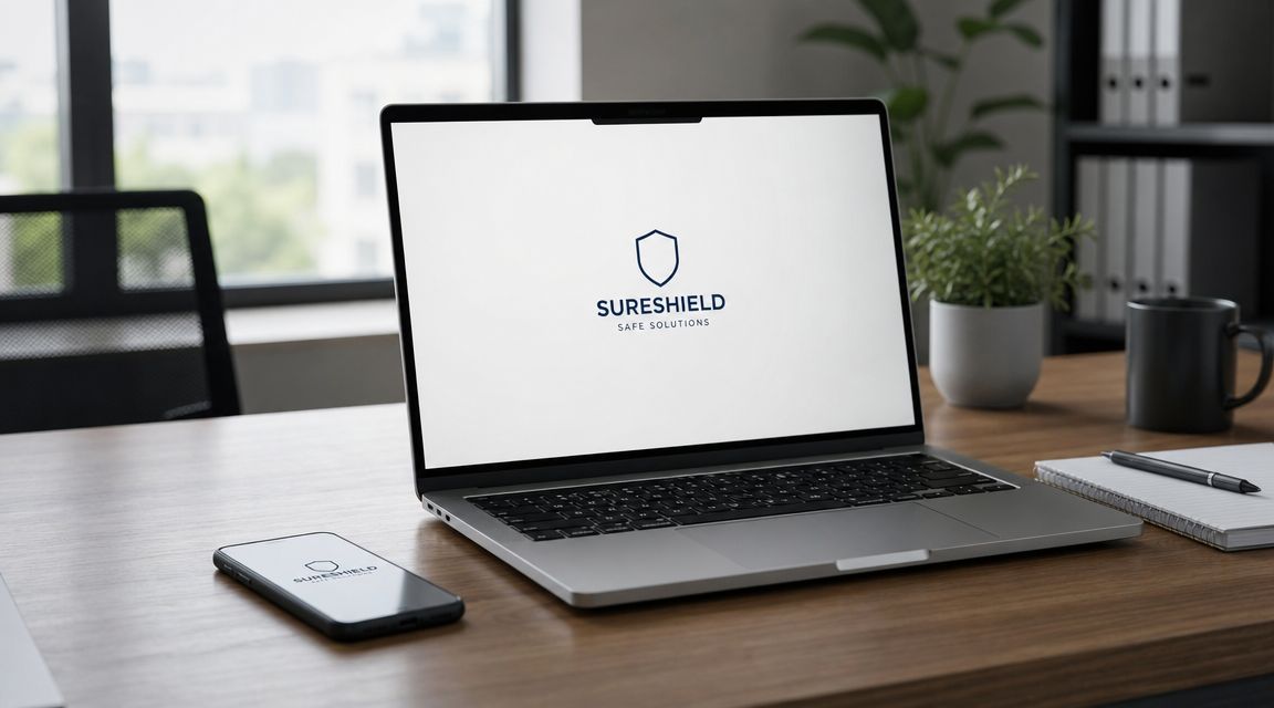 En bærbar computer og en smartphone på et skrivebord med SureShield-logoet vist på skærmene.