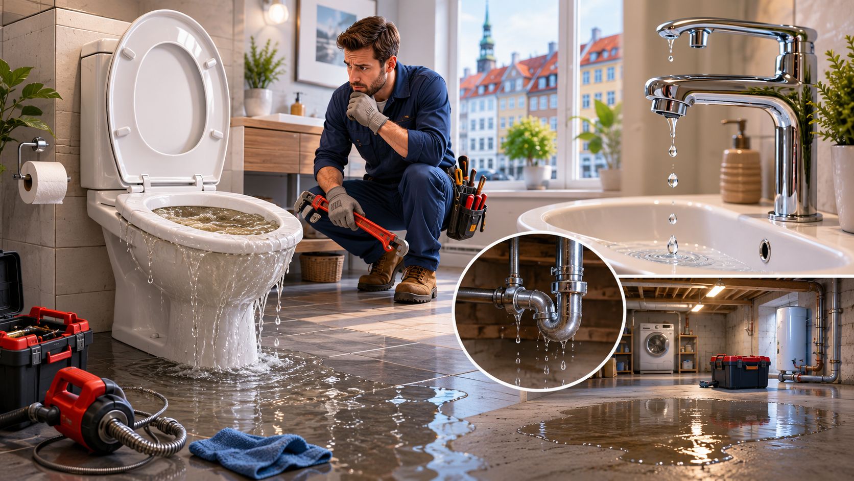VVS-installatør undersøger en oversvømmet toiletinstallation og lækkende rør i et badeværelse i København.