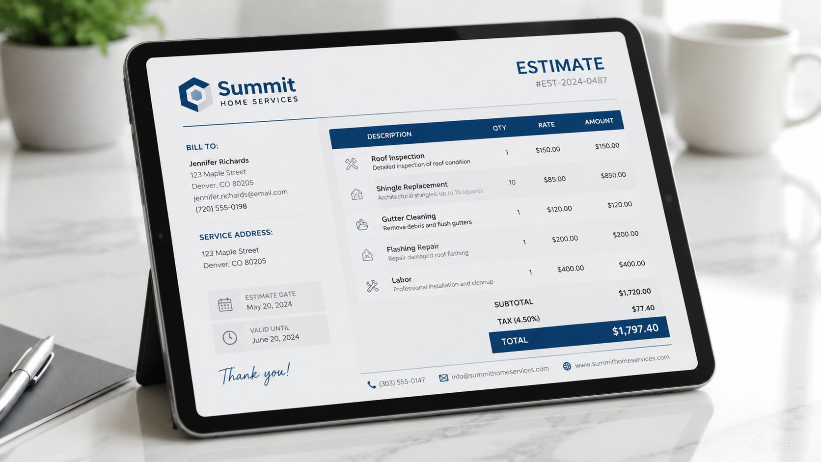 En tablet viser et prisoverslag for tagarbejde fra Summit Home Services på en lys skrivebordsoverflade.