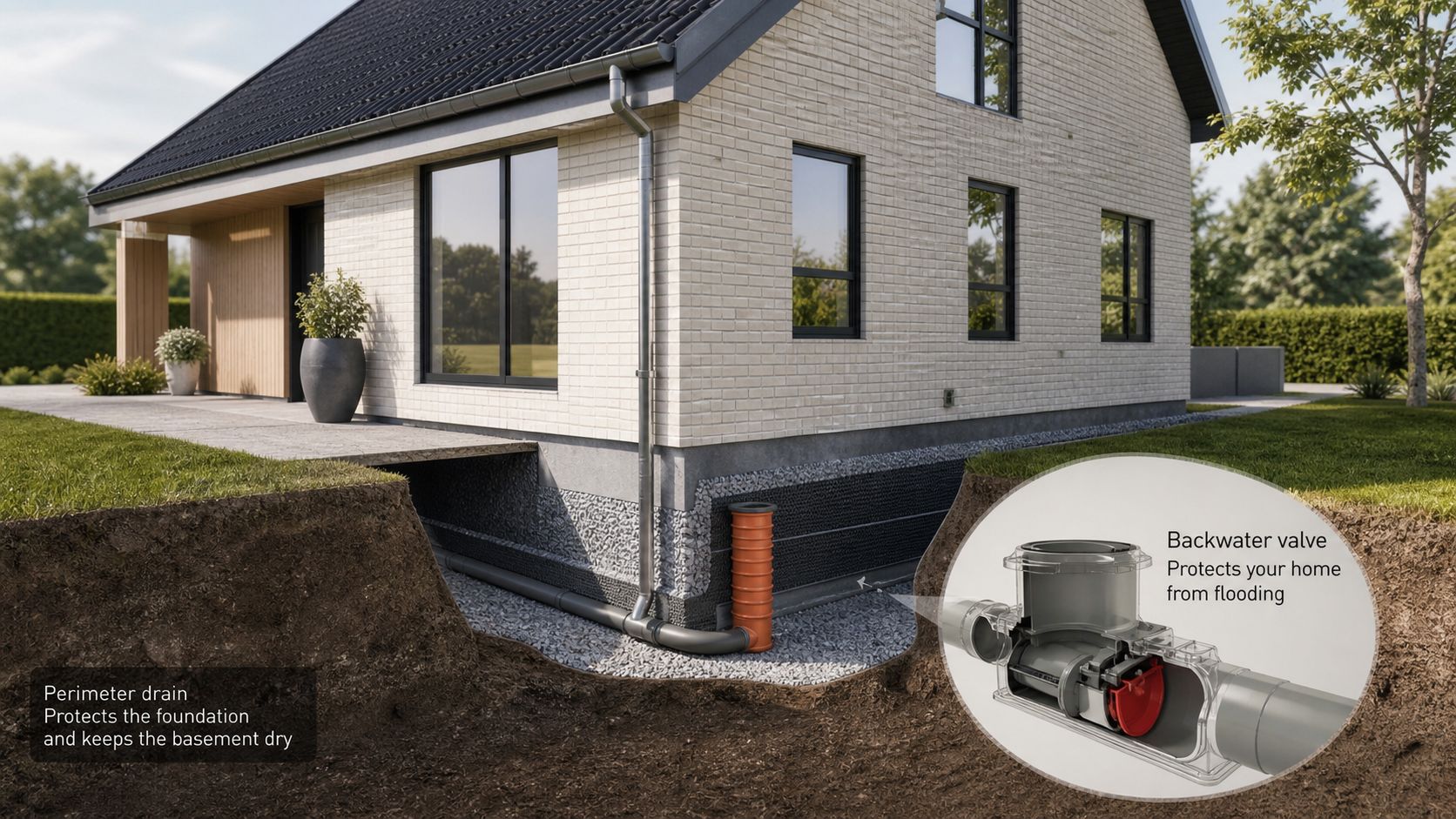 Illustration af omfangsdræn og kontraventil installeret ved et husfundament for at forebygge fugt og oversvømmelse i kælderen.