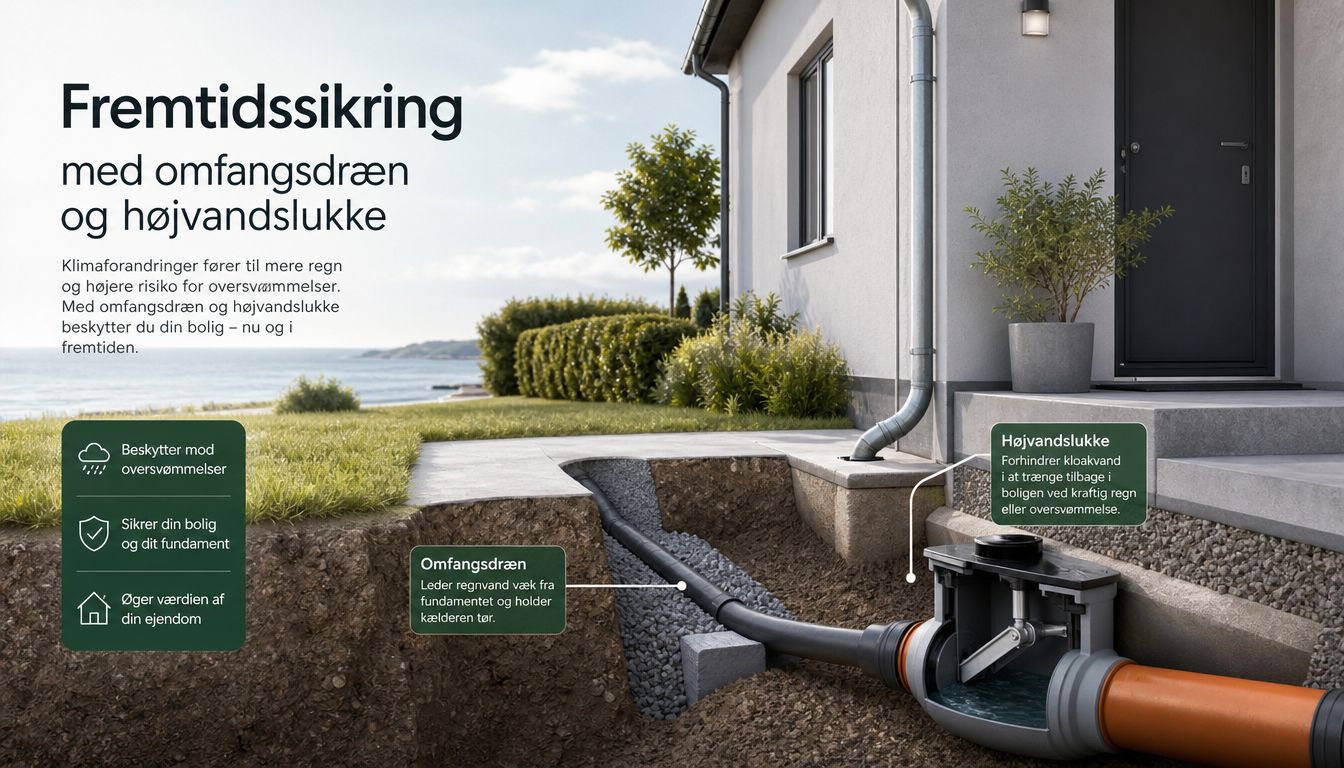 Illustration af hus med omfangsdræn og højvandslukke installeret for at beskytte boligen mod oversvømmelser fra kraftig regn.