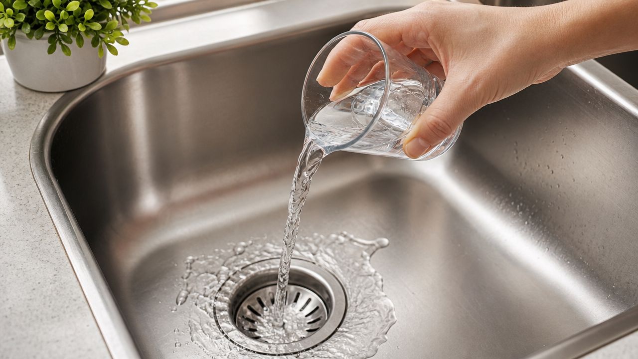 En person hælder vand fra et glas ned i køkkenvaskens afløb for at skylle det igennem.