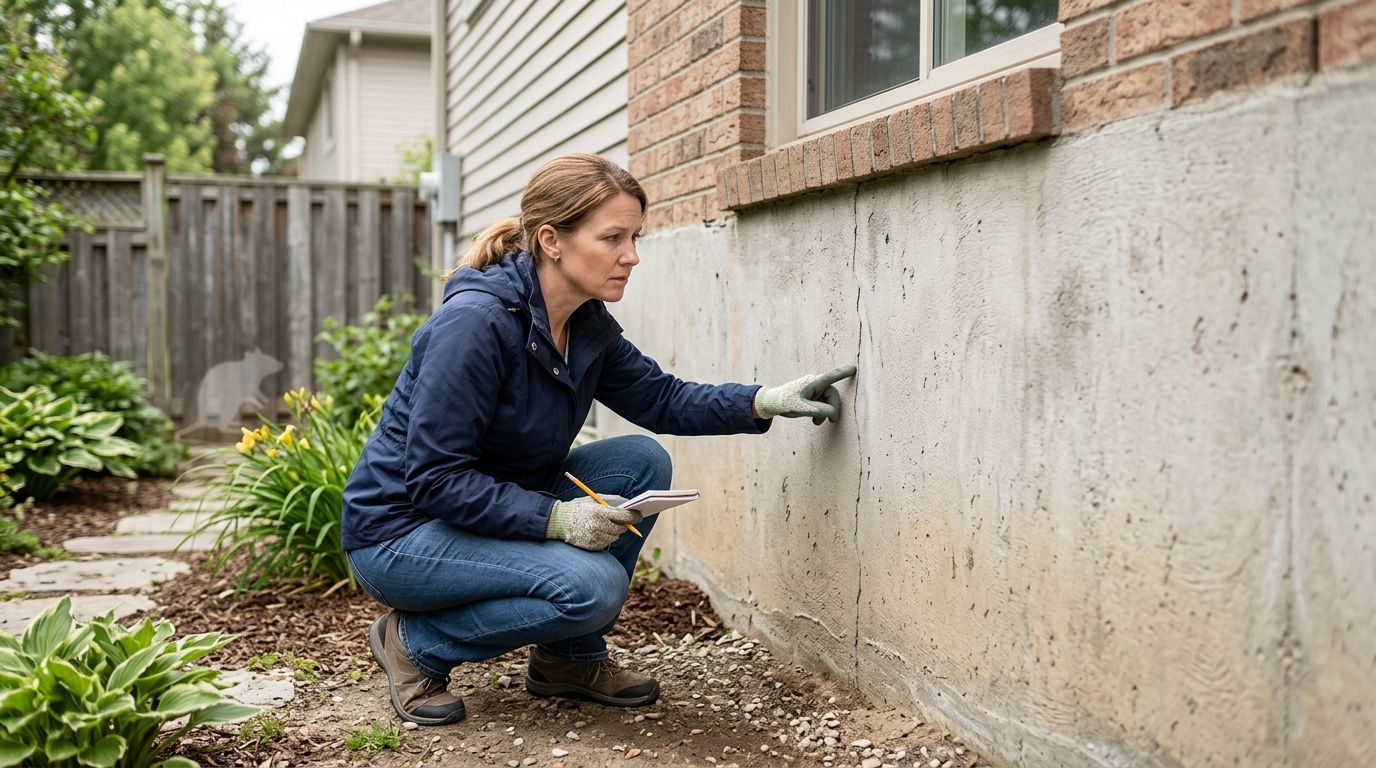 En kvinde undersøger en revne i fundamentet på et hus i en have og tager noter.