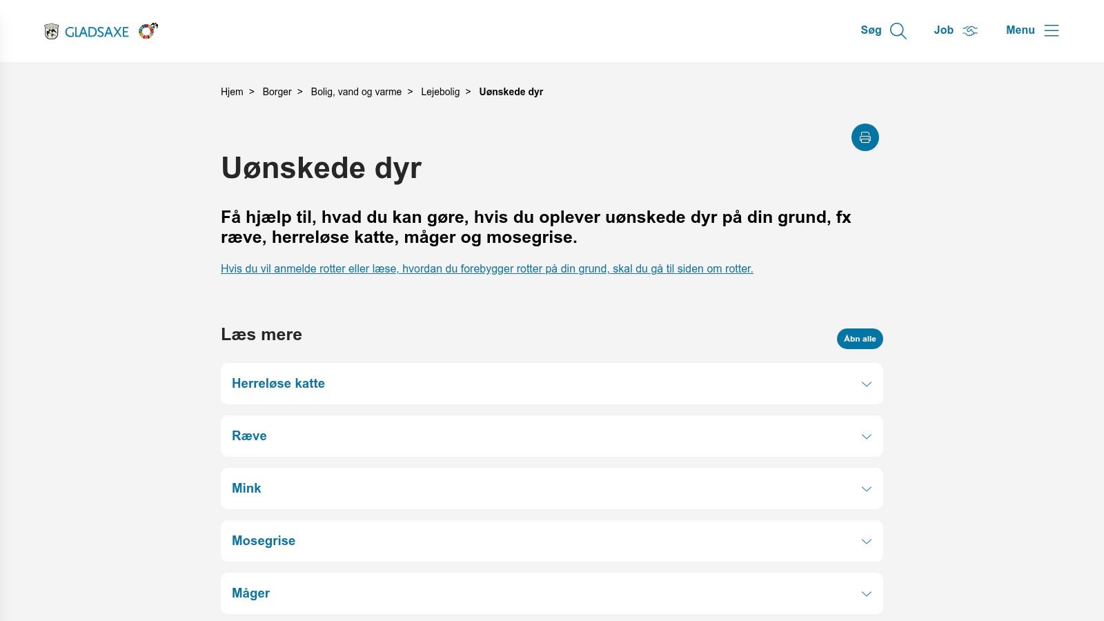 Screenshot from https://gladsaxe.dk/borger/bolig-vand-og-varme/lejebolig/uoenskede-dyr