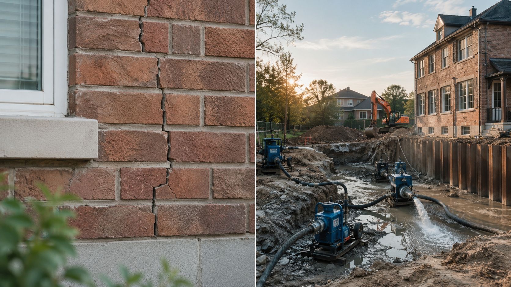 Revner i murværket på et hus ved siden af et omfattende projekt med grundvandssænkning og byggeudgravning.