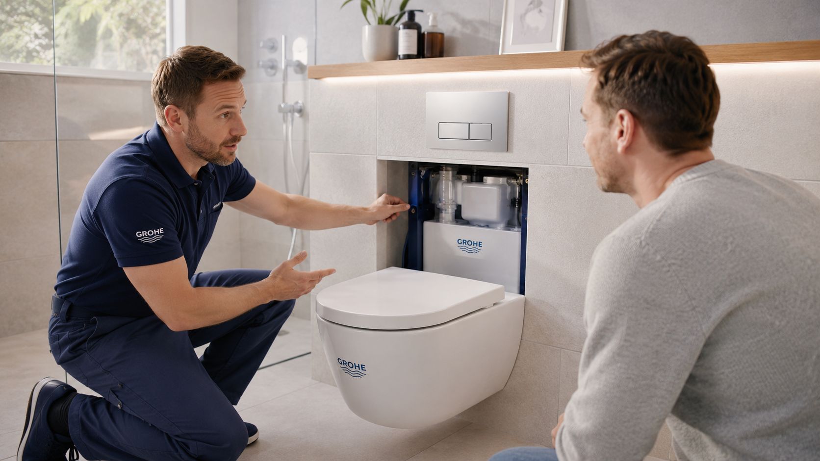 En professionel servicetekniker viser en kunde installationen af et væghængt Grohe toilet på et moderne badeværelse.