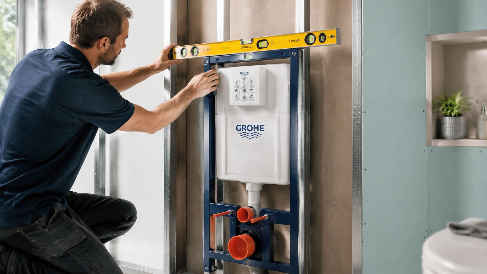En håndværker monterer et Grohe indbygningsreservoir til et væghængt toilet ved hjælp af et vaterpas på væggen.