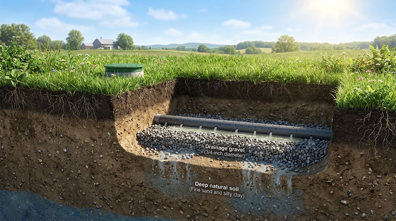 Tværsnit af et sivedræn fra en septiktank, der illustrerer drænrør, gruslag og nedsivning i naturlig jord.