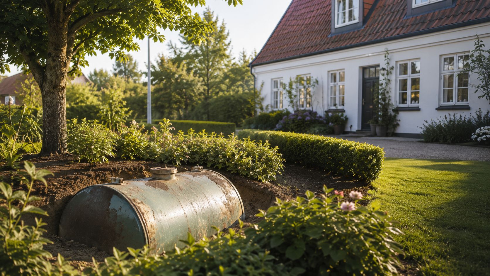 En nedgravet olietank i en have foran et hus, der illustrerer fjernelse og miljømæssig oprydning af tanke.