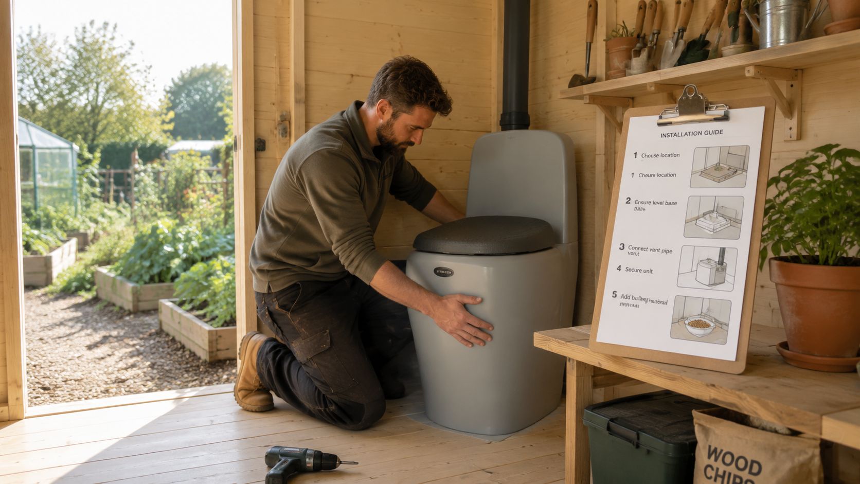 En mand installerer et gråt komposttoilet i et haveskur med en vejledning stående ved siden af.